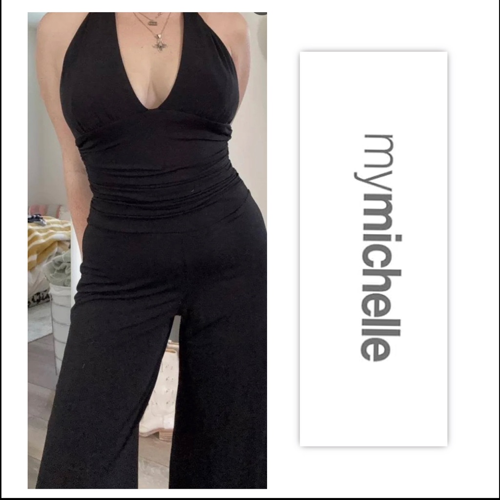 My Michelle Black Halter Neck Wide Leg Jumpsuit